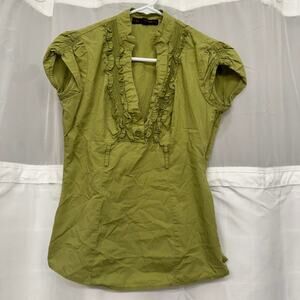 Olive Green Ruffle Fitted Blouse Top Cottagecore Peasant Style